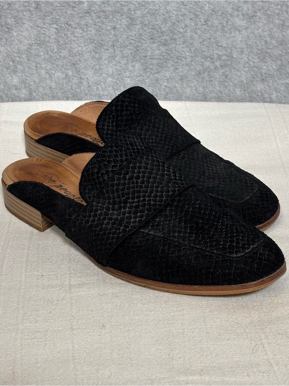 Free People At Ease Embossed Suede Loafer Mule-Black Snake Print-Women 38/US 7.5